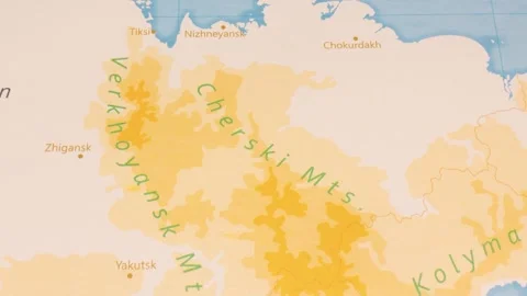 A Rotating Map Centered on Chersky Mountains. Stock Footage 243443936