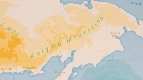 A Rotating Map Centered on Kolyma Mountains. Stock Footage 243445622