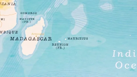 A Rotating Map Centered on Mauritius, Reunion. 스톡 동영상 243447480