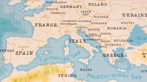 A Rotating Map Centered on Milan, Venice, Rome, Italy. 스톡 동영상 243445444