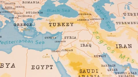 A Rotating Map Centered on Syria, Lebanon, Israel, Jordan. Stock Footage 243447020