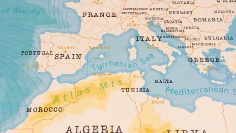 A Rotating Map Centered on Tyrrhenian Sea. Stock Footage 243447143