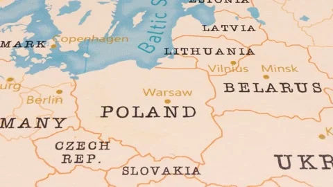 A Rotating Map Centered on Warsaw. Stock Footage 243479002