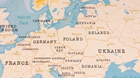 A Rotating Map Centered on Warsaw, Poland. Stock Footage 243446385