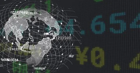 Rotating map-outlined wireframe globe on virtual screen, floating timecodes, hex Stock Photos