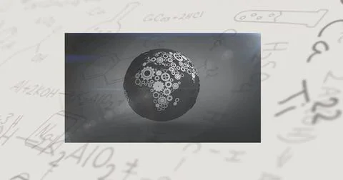 Rotating mechanical gear globe floating in abstract lab environment, with Stock Illustration