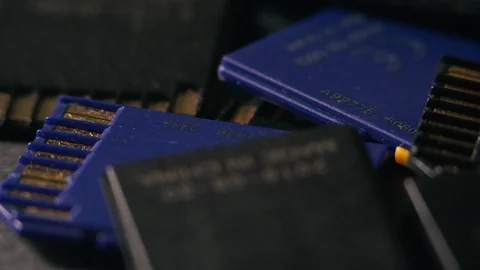 Rotating memory cards. Information storages. Close-up. Computer techologies Video stock 122951023