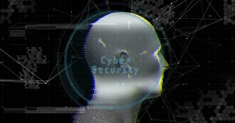 Rotating mesh head glowing in digital environment, with dotted matrix and Cyber Illustrazione stock
