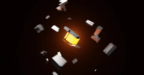 Rotating metal cube breaks into pieces. 3D Looped background. Stock Footage 262483401