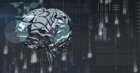 Rotating metallic 3D brain floating in dark grid, with binary code, holographic Stock Illustration