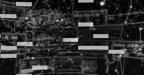 Rotating metallic skull core projecting code blocks in cyber network with node Stock-Fotos