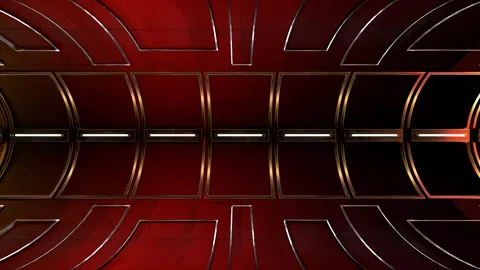 Rotating Metallic Tube Interior with Red and Gold Light Panels Stock Footage 346780761