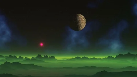 Rotating Moon in the Sky of Alien Planet Stock Footage 73588232