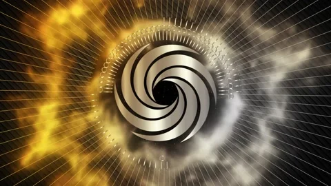 A rotating, moving unknown spiral shaped object, golden gear of a cosmic spiral Stock Footage 312898809