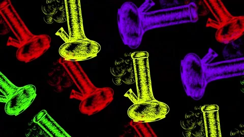 Rotating multi-colored bongs on a black screen. Looped background with marijuana Stock Footage 255915593