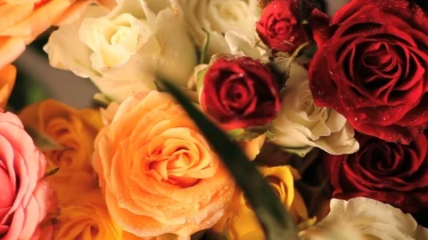 Rotating multicolor rose bouquet top view Stock Footage 74094313