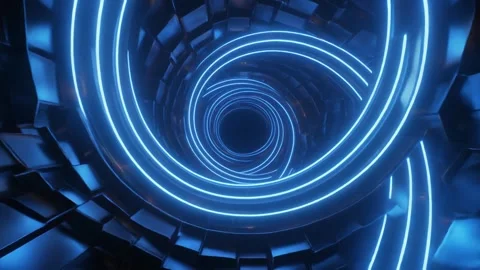 Rotating Neon Blue Rings in 3D Tunnel Stock Footage 340045446