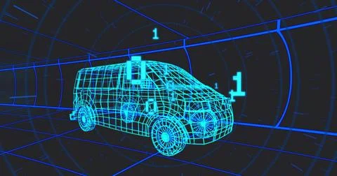 Rotating neon-blue wireframe van model hovering in grid tunnel, with floating Illustrazione stock