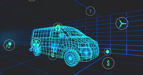 Rotating neon-blue wireframe van in 3D grid, showing plug, dollar, propeller, Stock Illustration