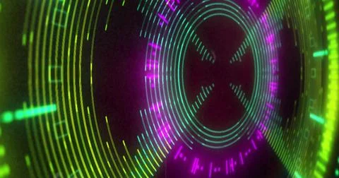 Rotating neon circular HUD centered against dark void, displaying concentric  Stock Illustration