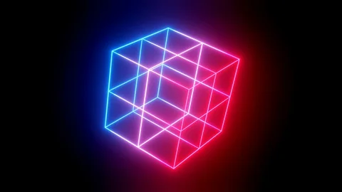 Rotating neon cube. 4k looped animation background with neon glow, light Video stock 127806967