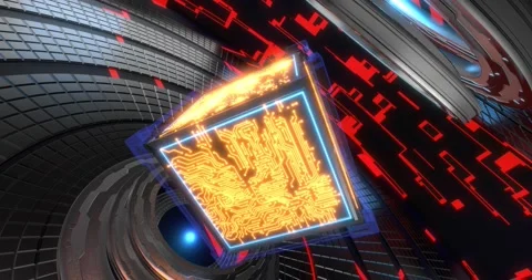 Rotating neon cyber cube with circuit board pattern, looped background. Stock Footage 157911685