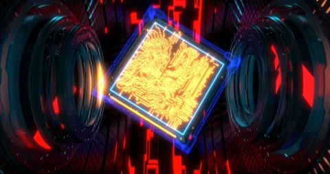 Rotating neon cyber cube in futuristic interior with circuit board pattern Stock Footage