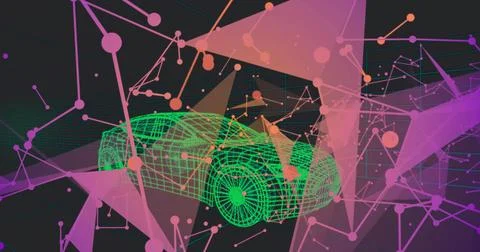 Rotating neon-green 3D wireframe car hovering in virtual 3D space with pink Stock Illustration