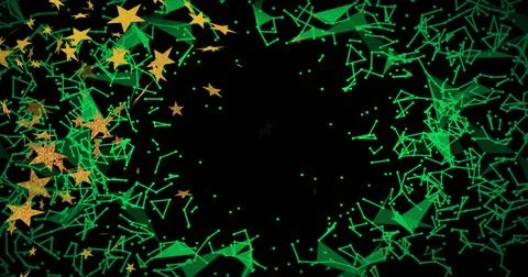 Rotating neon green polygon wreath circling black void in digital backdrop, with Stock Illustration