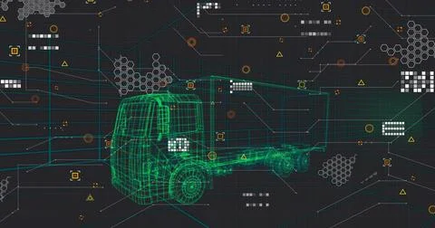 Rotating neon-green wireframe box truck hovering in 3D sim with dark grid plane, Stock Illustration