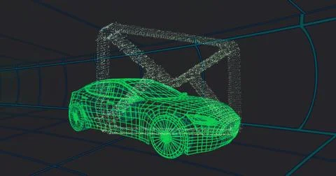 Rotating neon-green wireframe car model being scanned inside virtual chamber, Stock Illustration
