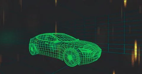 Rotating neon-green wireframe car model moving through 3D grid tunnel, showing Stock Illustration