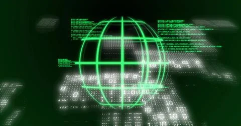 Rotating neon-green wireframe globe glowing in cyberspace, showing binary digits Stock-Fotos