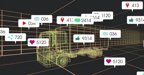 Rotating neon green wireframe semi-truck within dark 3D grid, with floating Stock Illustration
