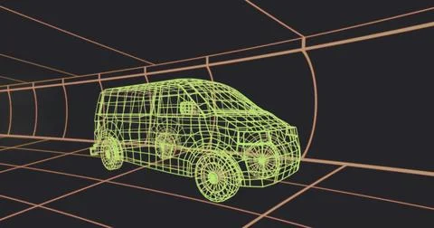 Rotating neon green wireframe van model inside virtual grid-lined tunnel, orange Stock Illustration