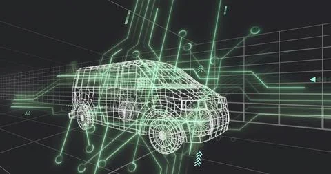Rotating neon-green wireframe van hovering in virtual 3D space, showing circuit Stock-Illustration