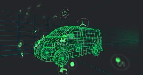 Rotating neon green wireframe van model in virtual 3D grid, with floating Stock Photos