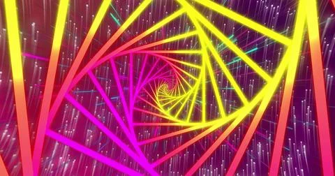 Rotating neon polygonal frames in virtual tunnel drawing eye into center, light 库存照片