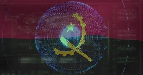Rotating neon sphere displaying Angolan emblem in digital interface, with map 스톡 일러스트