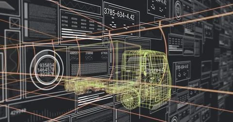 Rotating neon wireframe 3D truck model floating in AR workspace, with data Foto stock