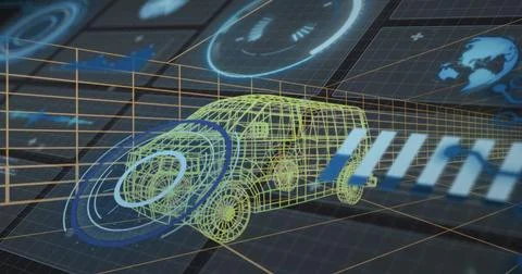 Rotating neon wireframe car model displaying sensor rings in virtual lab, with Stock Photos