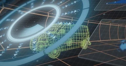 Rotating neon yellow-green wireframe van hovering in holographic interface, with Stock Illustration