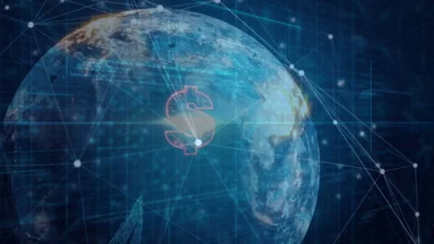 Rotating networked globe pulsing cloud dissolving into glowing dollar sign Stock Footage 310283181