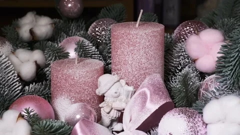 Rotating New Year composition with branch of Christmas tree, red toys, balls, Stock-Footage 204129267