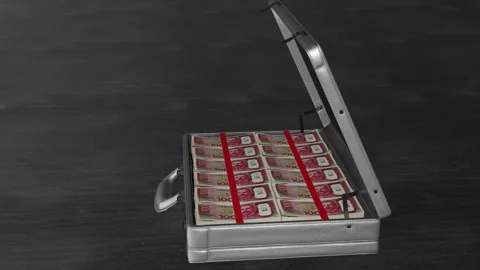 Rotating open briefcase filled with stacks of New Zealand 100 dollar bills Stock Footage 318900078