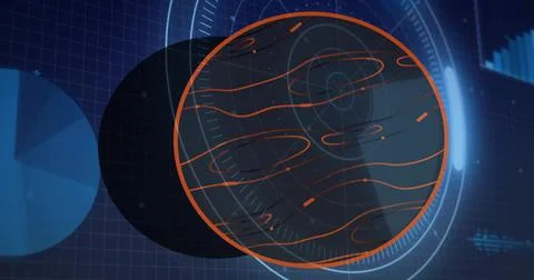 Rotating orange sphere showing wavy lines over blue grid, with left pie slice Stock Illustration