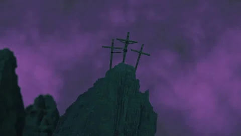 A Rotating out from right of jesus christ on cross against stormy purple sky Stock Footage 155222604