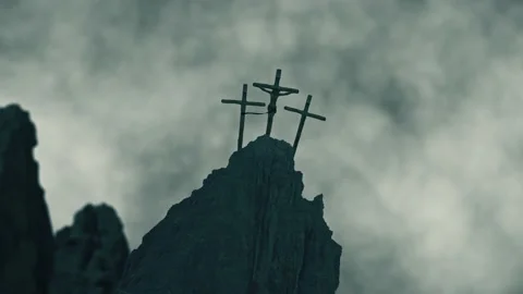 A Rotating out from right of jesus christ on cross against stormy grey sky Stock Footage 155222622
