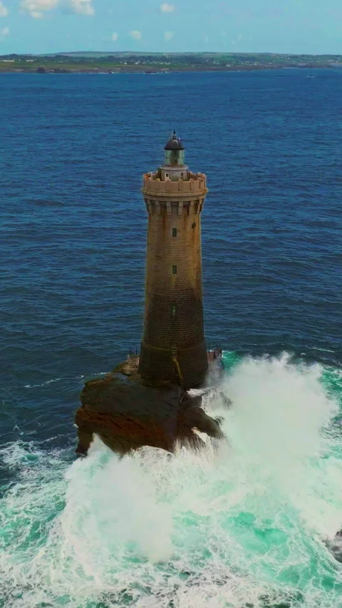 A rotating overhead shot of Phare du Four a lighthouse in Bretagne France. An Stock-Footage 317997102