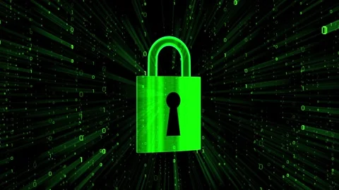 Rotating padlock and matrix effect binary code - digital data safety concept Stock Footage 314199396